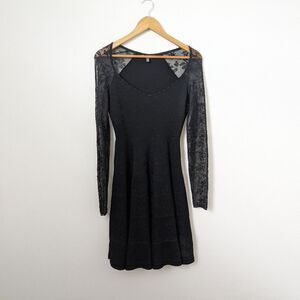 Zac Posen black lace sheer long sleeve fit and flare full skirt mini dress